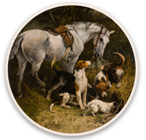 Circle Sandstone Coaster, "Gone to Ground: A Grey Hunter with Foxhounds and a Terrier"
